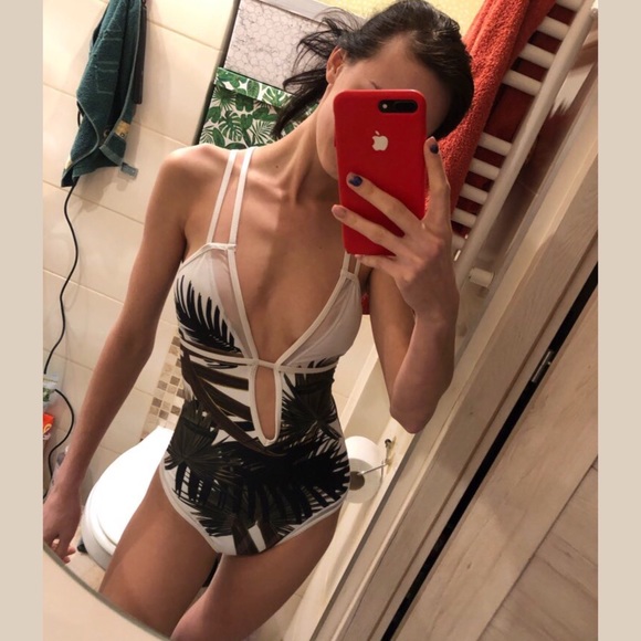 Palm Leaf Plunging V Monokini Swimsuit NEW - Picture 7 of 8